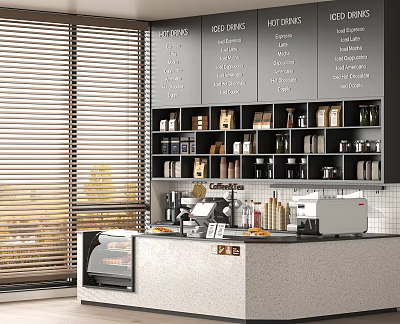Modern Café Interior With Menu Boards Coffee Appliances Counter And Wooden Blinds Cabinets With Jars 3d model