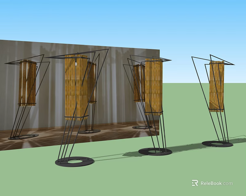 Modern Floor Lamps With Wooden Panels And Black Metal Geometric Stands 3d model 