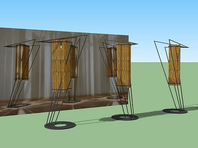Modern Floor Lamps With Wooden Panels And Black Metal Geometric Stands 3d model
