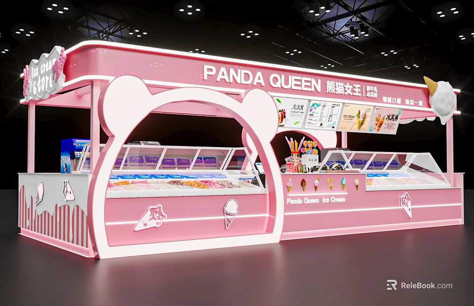 Pink Panda Queen Mall Ice Cream Shop With Panda Ear Design And Ice Cream Display Cases 3d model 