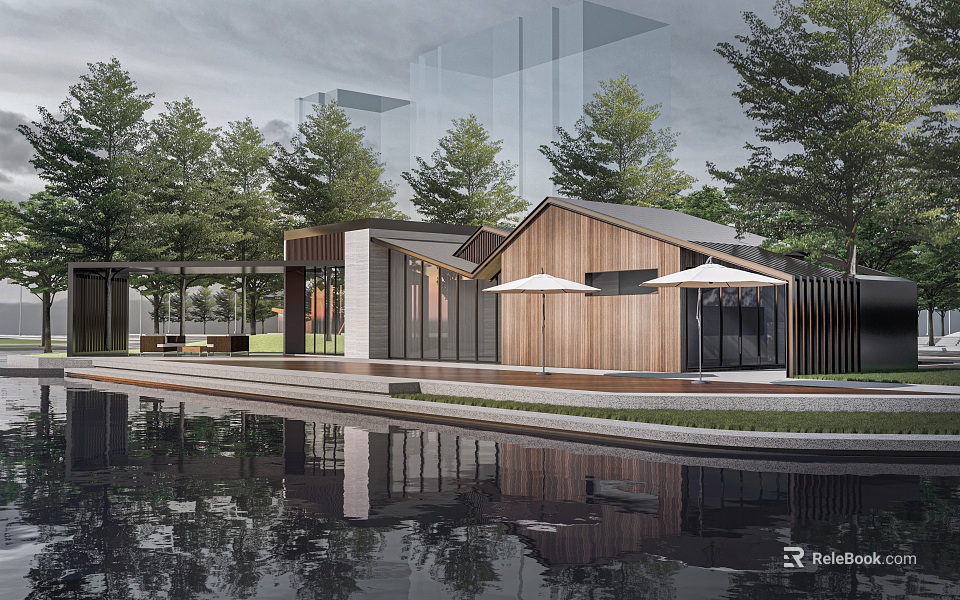 Modern Post Station Architecture Surrounded By Trees And Pool With Umbrellas Wooden And Glass Structure 3d model 