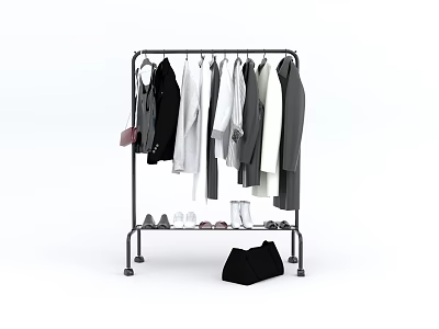 Hanging Clothes on Metal Rack with Shoes and Black Bag 3d model