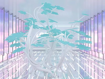 Stunning Photo Spot With White Vines Light Blue Leaves Transparent Vertical Structures And Reflective Floor 3d model