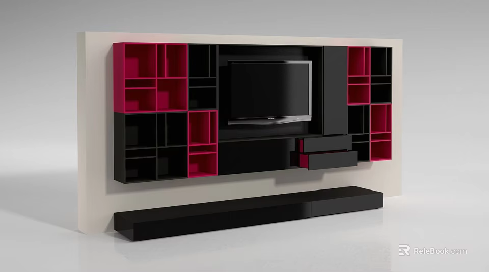 Modern TV Unit Featuring Black Red Storage Shelves And Sleek Design 3d model