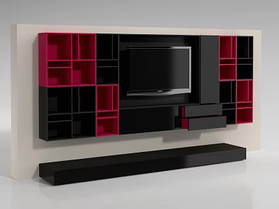 Modern TV Unit Featuring Black Red Storage Shelves And Sleek Design 3d model