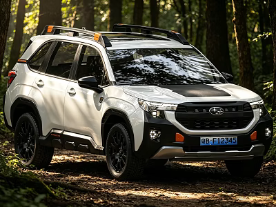 Stylish White Off Road SUV With Roof Rack And Front Design In Forest 3d model