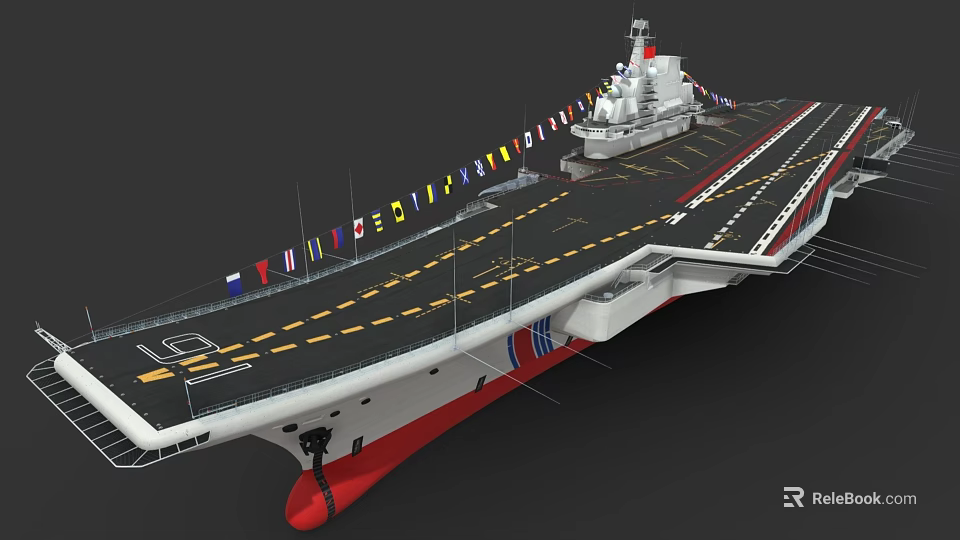 Military Aircraft Carrier With Large Flight Deck And Colorful Flags As Naval Weapon System 3d model 
