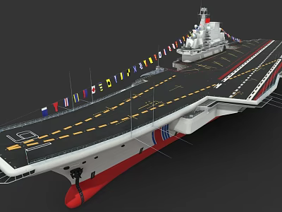 Military Aircraft Carrier With Large Flight Deck And Colorful Flags As Naval Weapon System 3d model