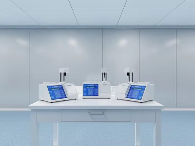Three White Industrial Equipment Units With Blue Screens On Lab Table 3d model