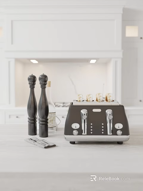Stylish Kitchen Countertop With Black Toaster Wooden Pepper Mills And White Cabinets 3d model 