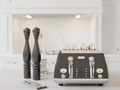 Stylish Kitchen Countertop With Black Toaster Wooden Pepper Mills And White Cabinets 3d model