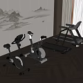 Indoor Sports Fitness Area With Treadmill Exercise Bikes And Mountain Painting Wall