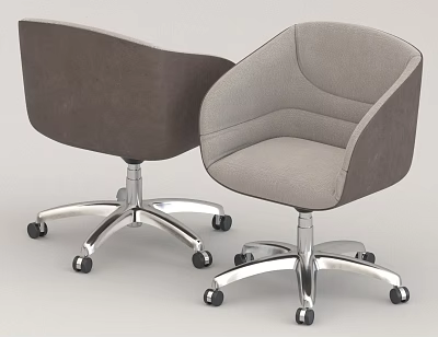 Two Gray And Dark Gray Office Chairs With Curved Backrest Silver Metal Base And Wheels 3d model