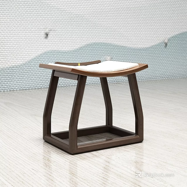 Modern Wooden Stool With White Cushion And Angular Legs Square Frame Design 3d model