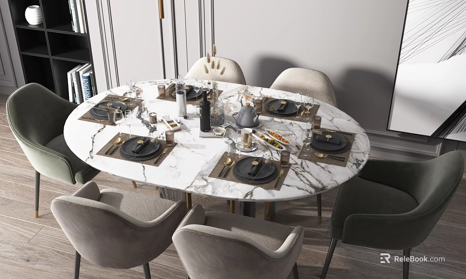 Modern Elegant Dining Set With Marble Tabletop And Six Upholstered Chairs 3d model 