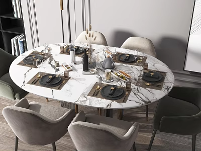 Modern Elegant Dining Set With Marble Tabletop And Six Upholstered Chairs 3d model