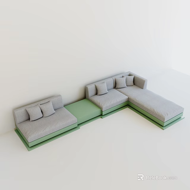 Modern Unique Shaped Sofa in Gray and Green with Modular Design and Cushions 3d model