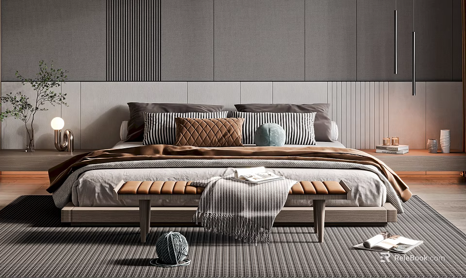 Modern Double Bed With Gray Striped Headboard Decorative Pillows Bench Throw Blanket And Area Rug 3d model 