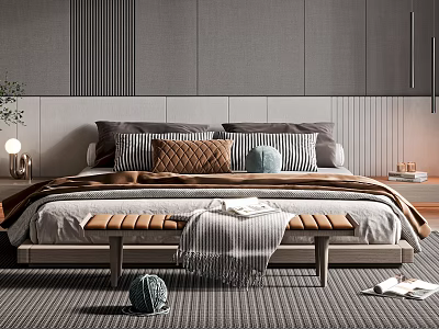 Modern Double Bed With Gray Striped Headboard Decorative Pillows Bench Throw Blanket And Area Rug 3d model