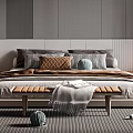 Modern Double Bed With Gray Striped Headboard Decorative Pillows Bench Throw Blanket And Area Rug