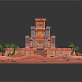 Cartoon Style Ancient Temple Scene Featuring Red Steps Blue Decorations And Palm Trees