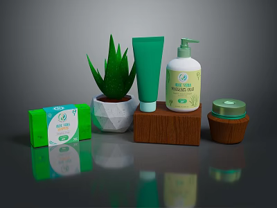 Natural Skincare Products With Aloe Vera Plant Green Tube Pump Bottle Soap And Jar 3d model