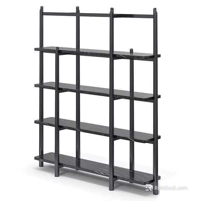 Modern Black Multi tier Shelving Unit With Metal Frame And Marble Shelves 3d model 