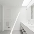 Modern Minimalist White Bathroom Interior With Double Sinks Towel Rack Mirror And Storage Cabinets
