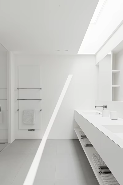 Modern Minimalist White Bathroom Interior With Double Sinks Towel Rack Mirror And Storage Cabinets 3d model