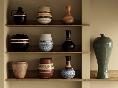 Various Decorative Ceramic Vessels Neatly Arranged On Wooden Shelves With Unique Designs 3d model