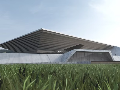 Modern Museum Building With Geometric Sloped Roof And Glass Facade In Grass Field 3d model