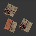 Rustic Wooden Dining Tables Styled With Fruit Baskets Black Cups Clay Pots And Red Tablecloths