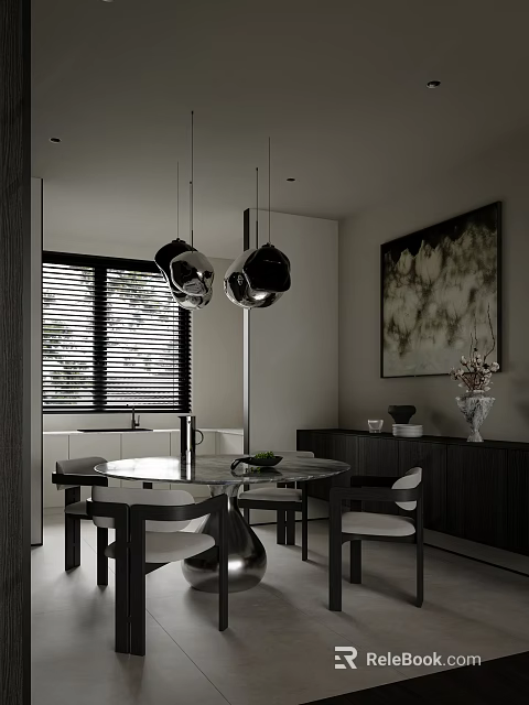 Modern Minimalist Dining Room With Marble Round Table Upholstered Chairs And Stylish Metal Pendant Lights 3d model 