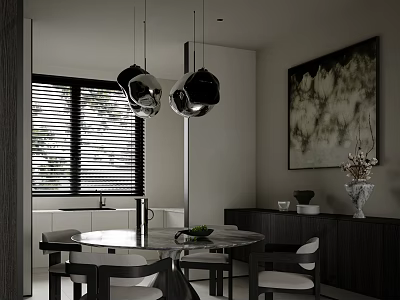 Modern Minimalist Dining Room With Marble Round Table Upholstered Chairs And Stylish Metal Pendant Lights 3d model