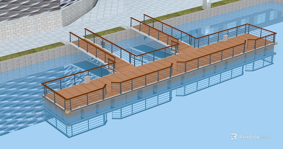 Garden Landscape Design Featuring Wooden Walkway Water Pools Railings And Paved Area 3d model 
