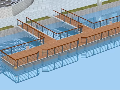 Garden Landscape Design Featuring Wooden Walkway Water Pools Railings And Paved Area 3d model