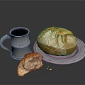 Fresh Crusty Bread On Silver Plate With Sliced Piece And Silver Mug And Crumbs