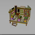 Colorful Cartoon Kitchen Interior With Cauldron Shelves Potted Plants And Wooden Table