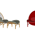 Two Stylish Leisure Chairs With Light Colored Wooden Frame Ottoman And Red Egg Shaped Design