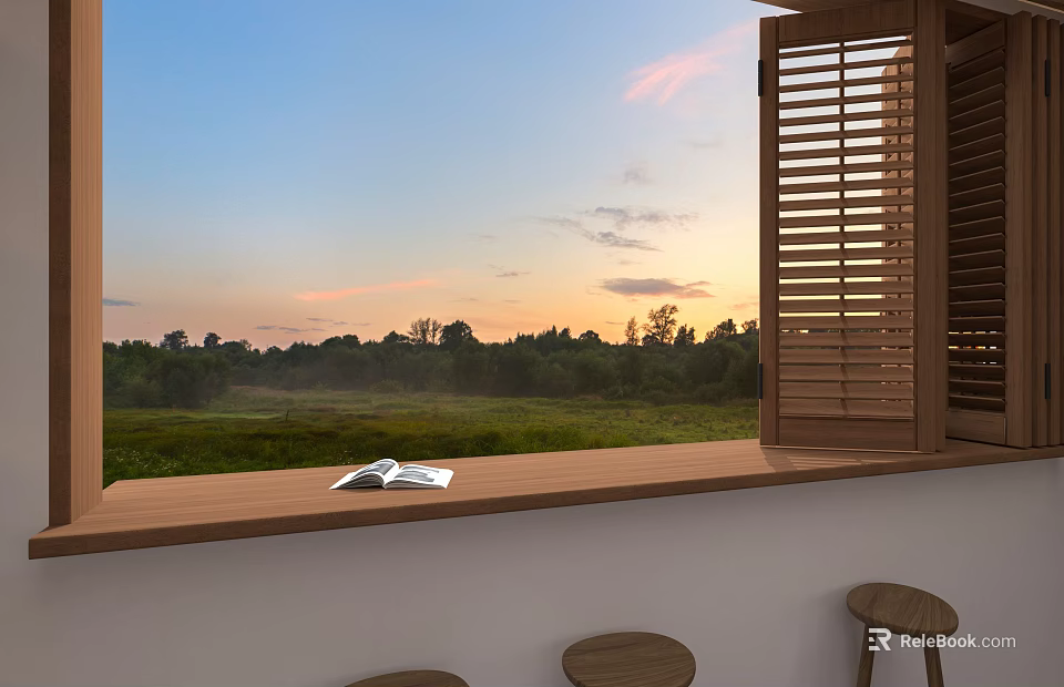 Tranquil Sunset View Through Window With Wooden Shutters Open Book And Stools 3d model 