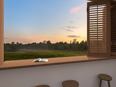 Tranquil Sunset View Through Window With Wooden Shutters Open Book And Stools 3d model