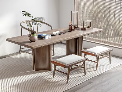 Wooden Tea Table with Chairs Stools Tea Sets Books and Plant Near Window with Blinds 3d model