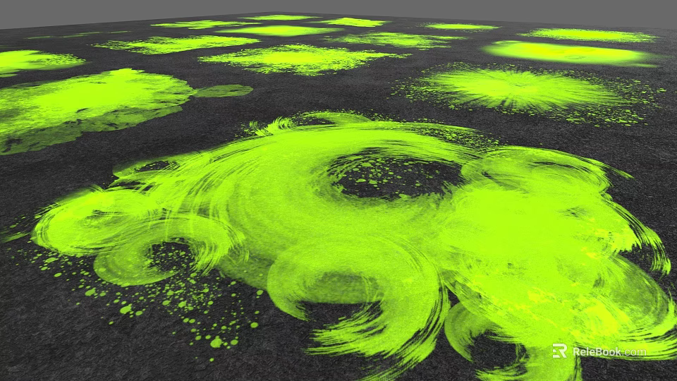 Green Abstract Plant Painting With Flowing Brushstrokes And Splatter Effects On Black Background 3d model 