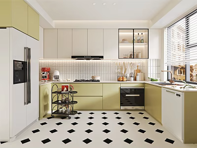 Stylish Kitchen Interior With Light Green White Cabinets Black White Diamond Patterned Floor And Appliances 3d model