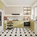 Stylish Kitchen Interior With Light Green White Cabinets Black White Diamond Patterned Floor And Appliances