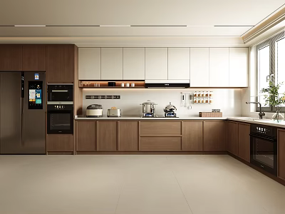 Modern Kitchen Interior With Light Wood And White Cabinets Stainless Steel Appliances And Windows 3d model