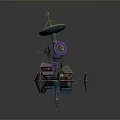 Futuristic Sci-Fi Mechanical Structure With Multiple Discs Antennas Small Houses And Teal Purple Accents