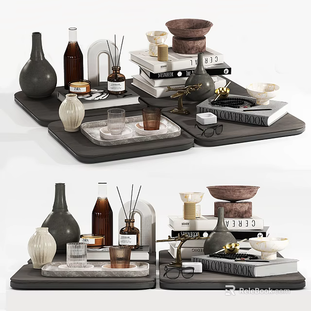 Elegant Decorative Ornament Set With Trays Vases Bottles Candles And Books 3d model 