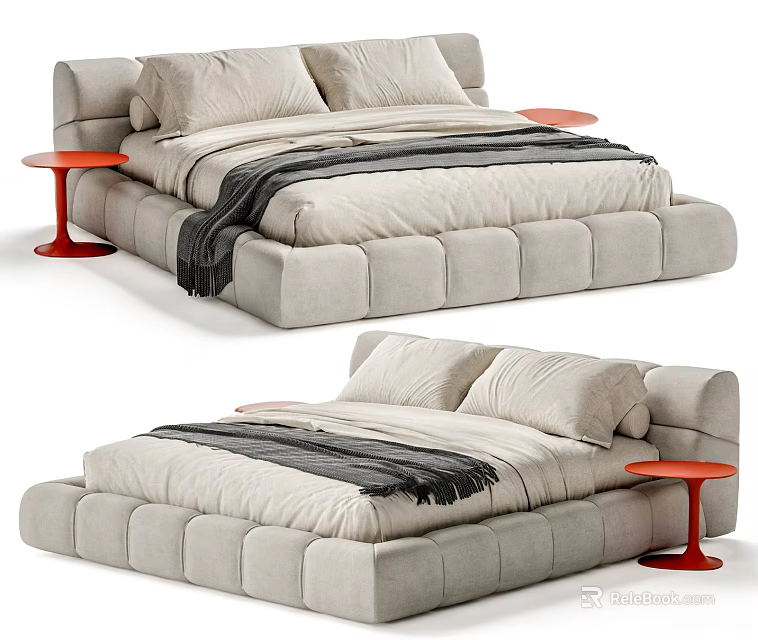 Modern Light Gray Upholstered Double Bed With Red Side Tables And Blanket 3d model 