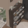 Wooden Multi tiered Shoe Cabinet with Decorative Top Vase White Flowers Photo Frame and Books